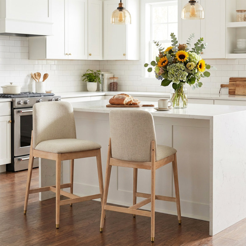 Nolan Modern Contemporary Rubberwood Upholstered Counter Stool with Supportive Backrest, Beige Seat/Natural Frame, 2