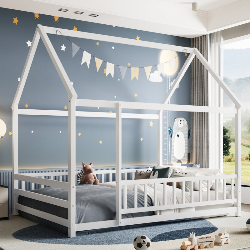 Full Size Floor Wooden Bed With House Roof Frame,Fence Guardrails,White, White, Full