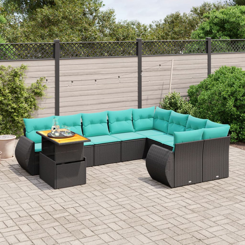  Ensemble de canapé de patio 10 pièces avec coussins en rotin de polyester, Noir, Vert