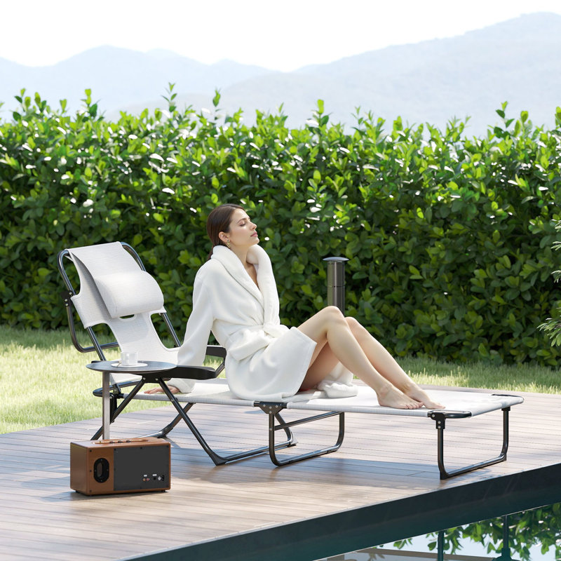 Folding Lounge Chair W/ Reclining Back, Cream White, White