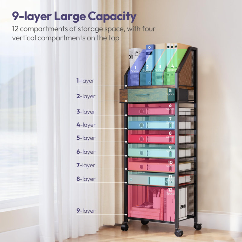 9-Tier Rolling File Organizer With Upright Trays & Drawer - Modern Office Paper Storage Cart With Mesh Shelves