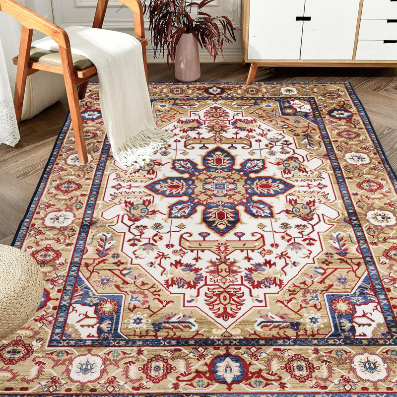 Vintage Bohemian Area Rug 5X7, Non-Slip Washable For Living Room, Bedroom, Kitchen, Blue/Gold Floral Design Machine Washable, Non-Slip, Blue And Gold Flower Pattern Bedroom