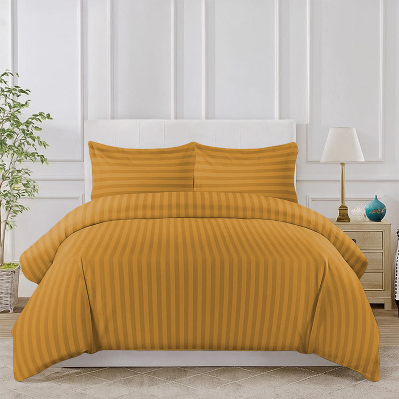 Luxurious 3-Piece Ultra Soft Stripe Duvet Cover Set with Pillowcases, Ochre, King Duvet Cover Set + 2 Standard Pillowcases