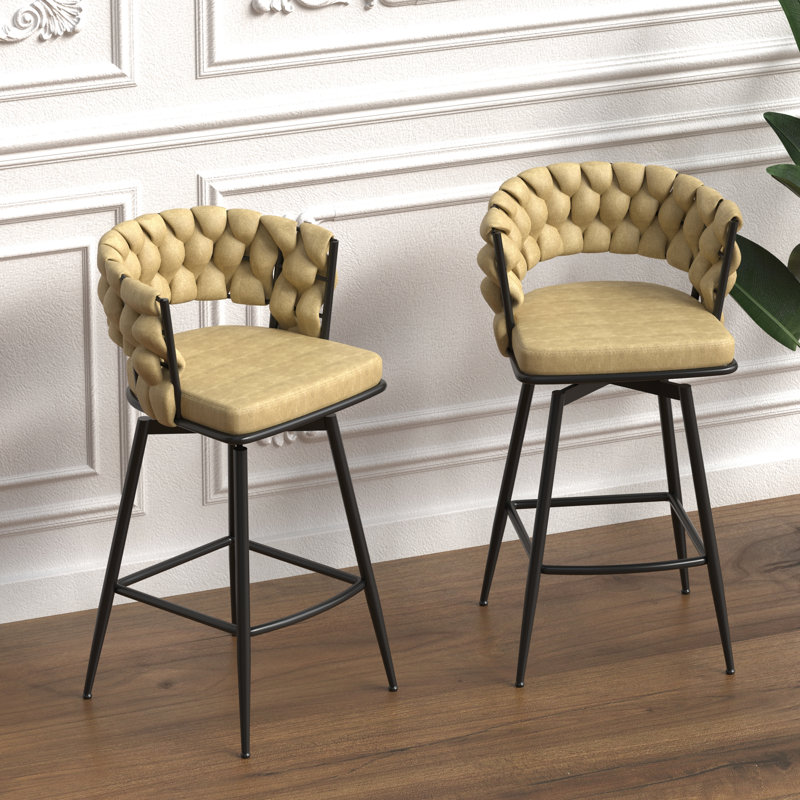 De 2 tabourets de bar tissés bruns. Revêtement en cuir technique, pivotant à 360 °, structure pour îlot de cuisine, tabourets de restaurant en cuir de 28 po. Degrés, tabourets de bar rembourrés, restaurants, îlots
