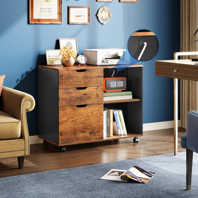 3-Drawer Wood File Cabinet, Mobile Lateral Filing Cabinet, Printer Stand With Open Storage Shelves For Home Office