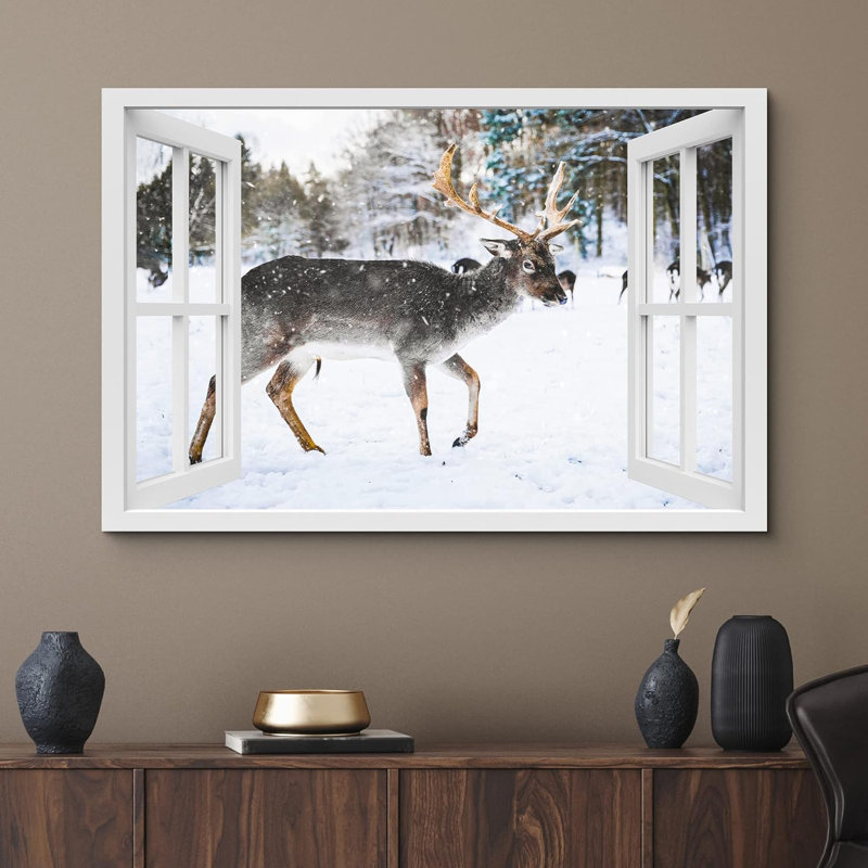 «Window View Rustic Snowy Rustic Winter Moose Deer Forest Nature Scenic Landscape» sur toile, H 16 po x l 24 po