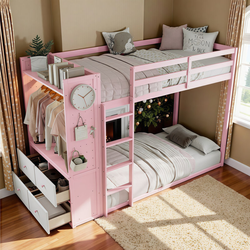 Lit superposé simple à économie d'espace AVELOR avec 4 tiroirs de rangement, garde-robe intégré et bande lumineuse, panneaux perforés personnalisés pour les chambres d'enfants