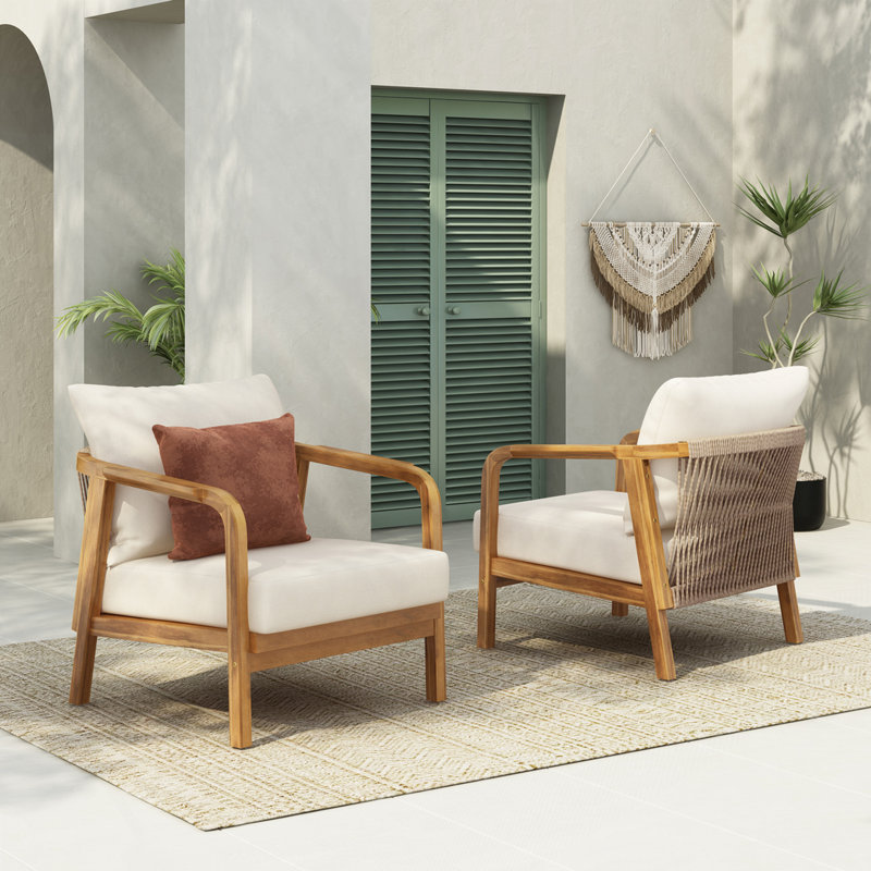 Outdoor Wood Frame Chair ,Lounge Chair with Cushions,Curved Armrests, Teak