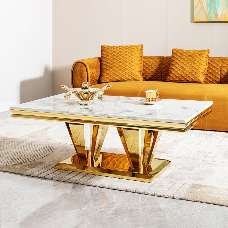 Table basse moderne en MDF rectangulaire avec motif en marbre, table basse en acier inoxydable