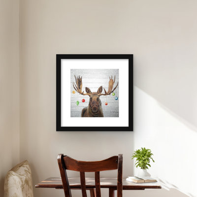 Moose has Christmas Balls - Rustic Gray Framed Matted Print