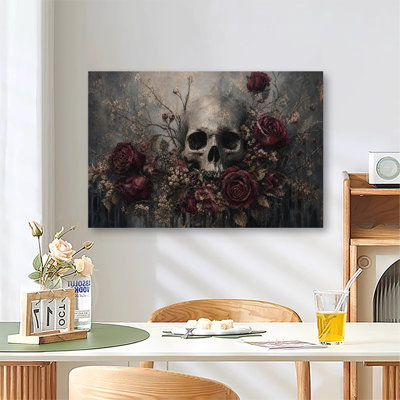 Crâne rétro entouré de roses bourgogne et de brindilles sèches, fond texturé foncé, peinture à l'huile sur toile