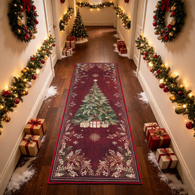 Tapis de couloir traditionnel d'arbre de Noël rouge, couloir de cuisine de couloir antidérapant