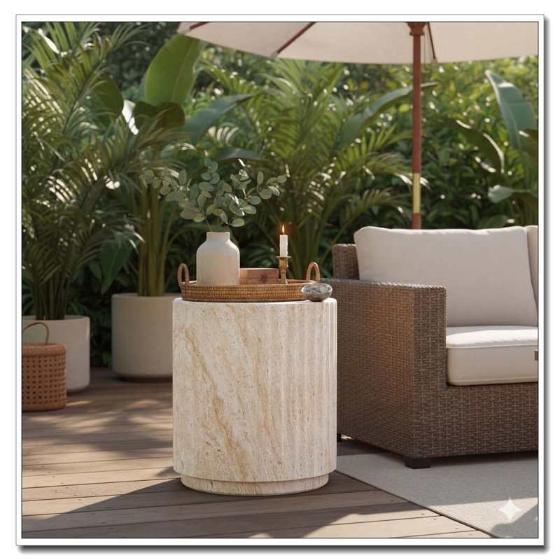 Table d'extérieur en béton pour l'extérieur, Beige, motif à vagues jaunes