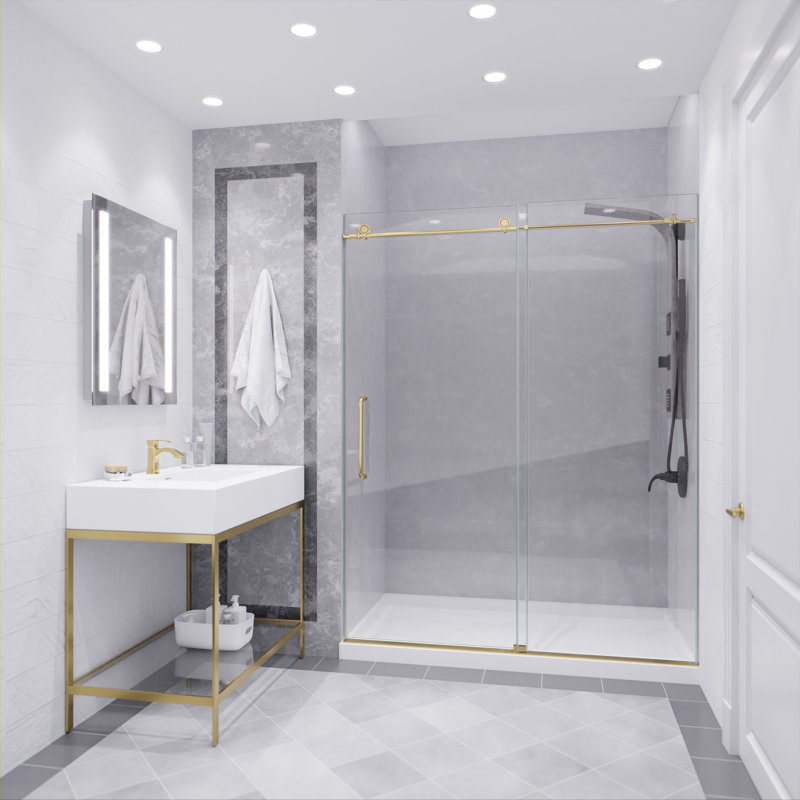 60'' - W x 76'' H Single Added Door Frameless Shower Door with, Brushed Gold