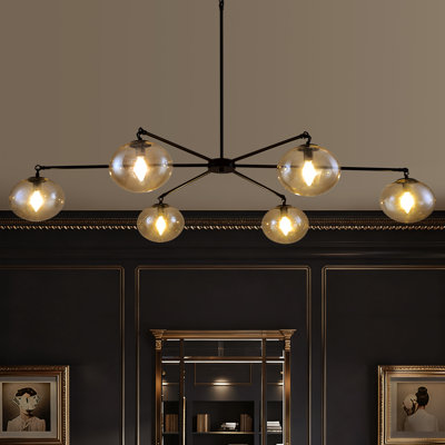 Adelene 6-Light Mid-Century Modern Sputnik Long Linear Chandelier, Glass Globe Pendant Lighting For Kitchen Island Dining Room