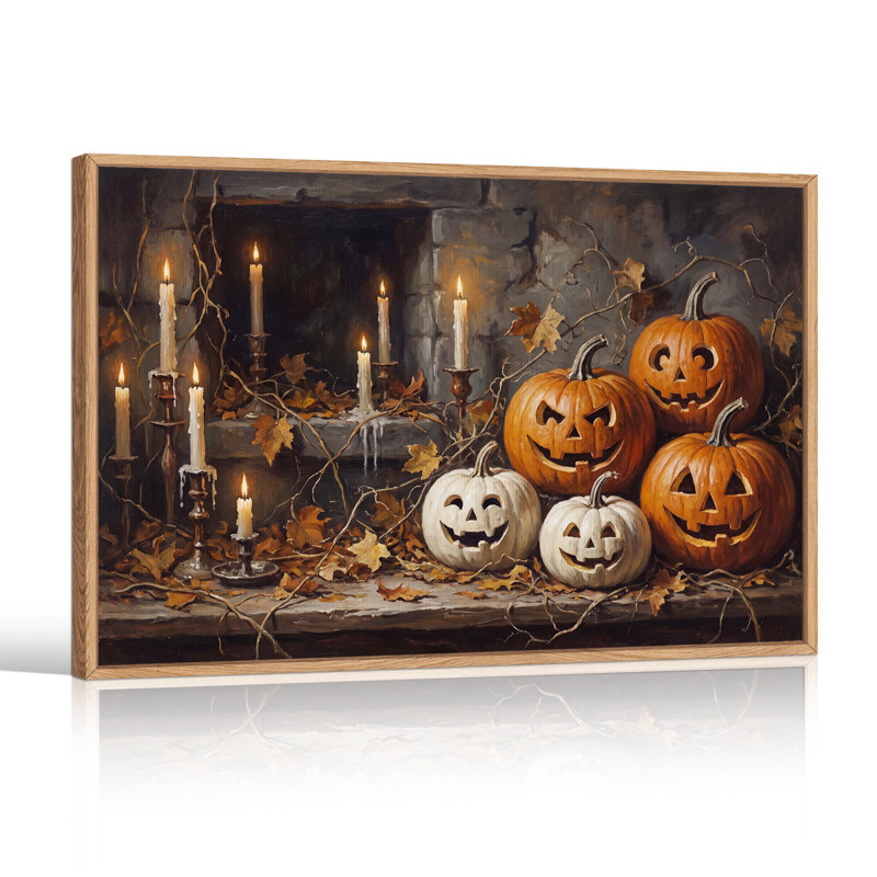 Art mural sur toile sculpté citrouilles orange et blanches avec bougies, H 24 po x l 36 po