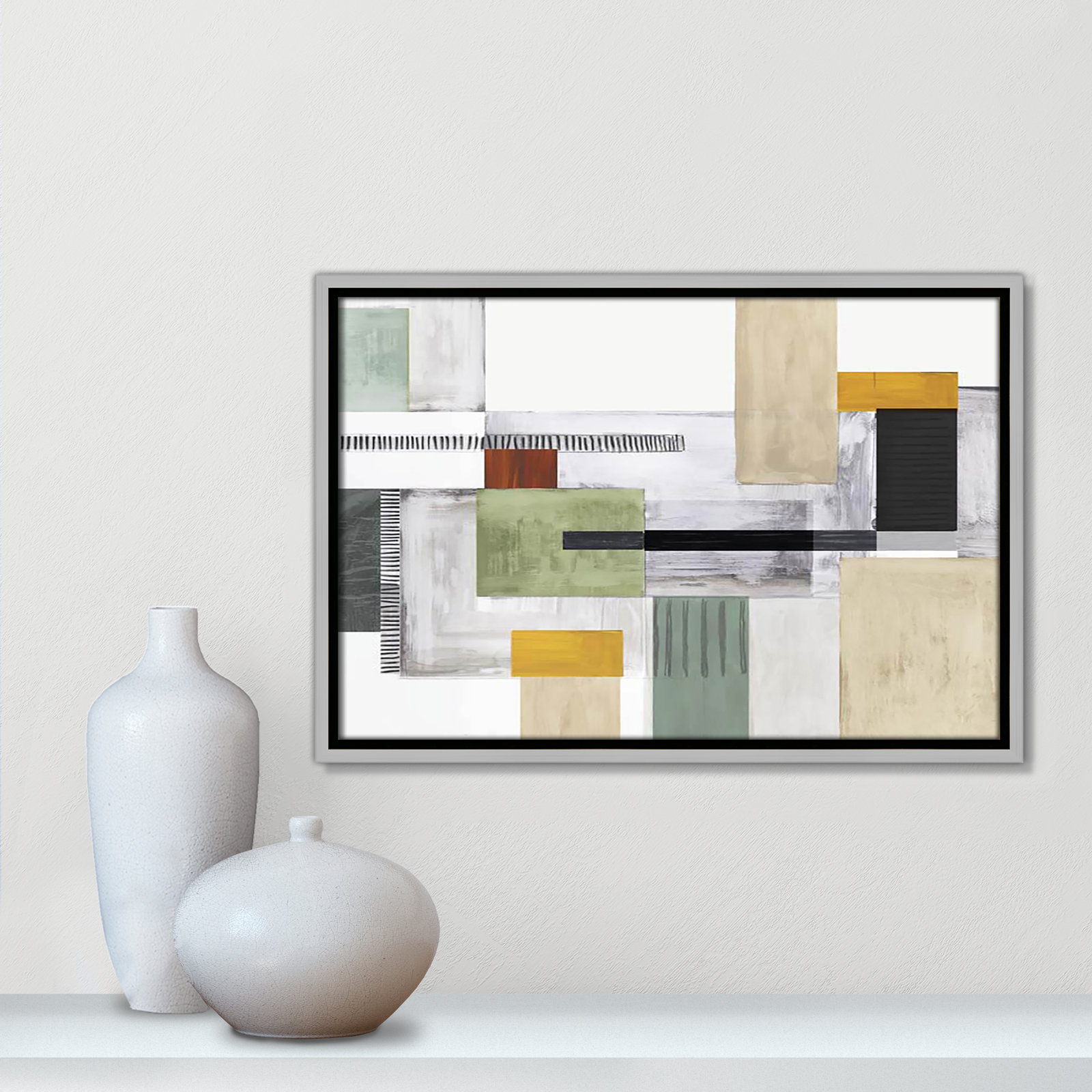 Playful Blocks Print by Tom Reeves, No Mat, 13.5" H x 19.5" W x 2" D, Silver Floater Framed