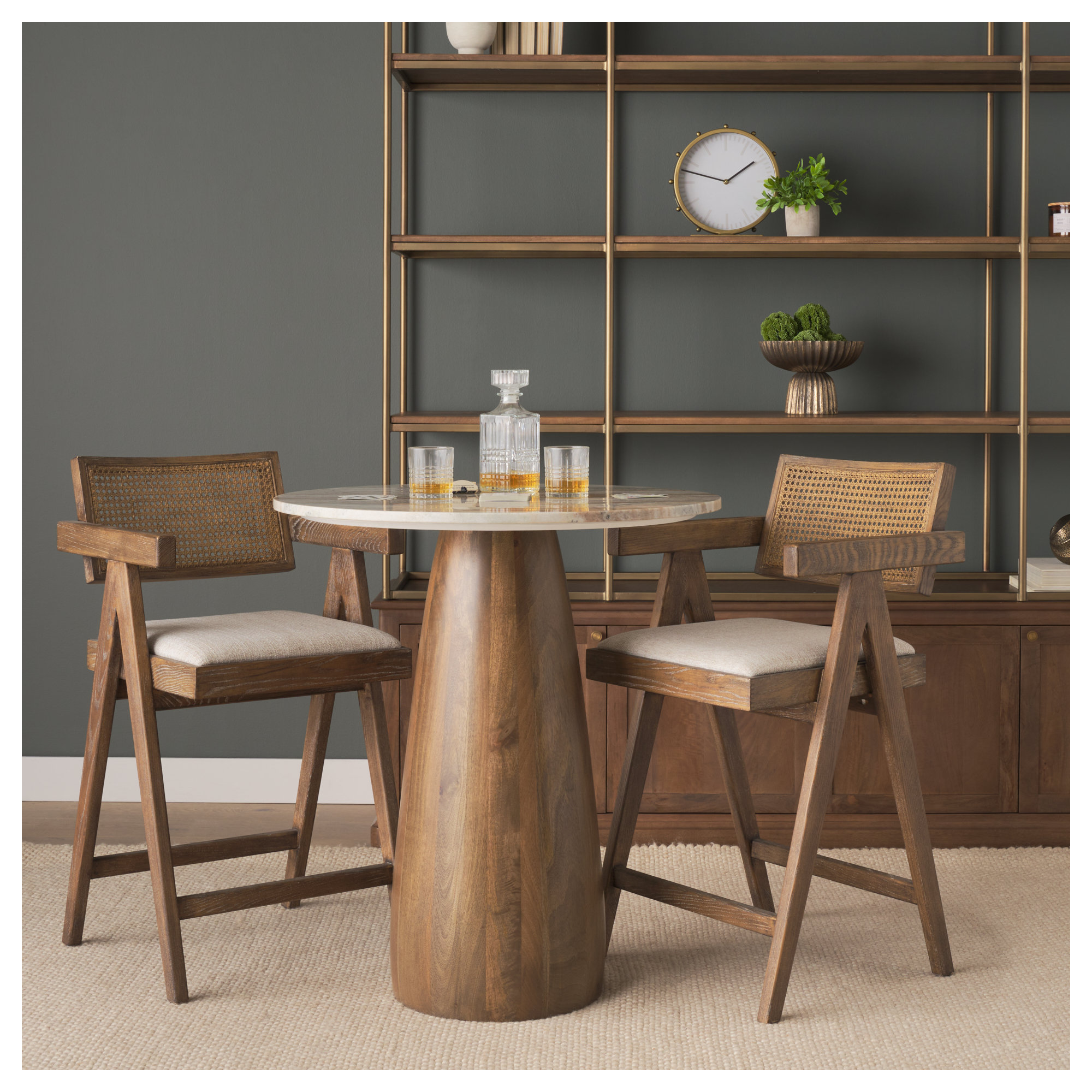 Mellonia 32" Round Genuine Marble Counter Height Dining Table, Brown, Brown