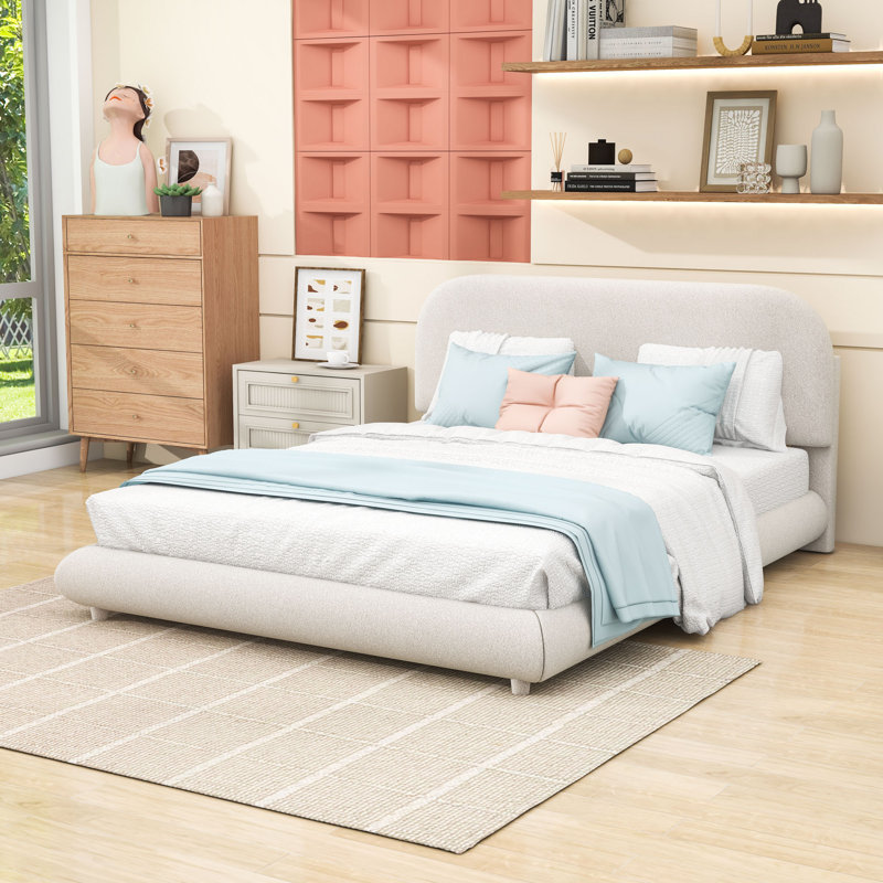 Lit plateforme tapissier Teddy, Beige, Grand lit