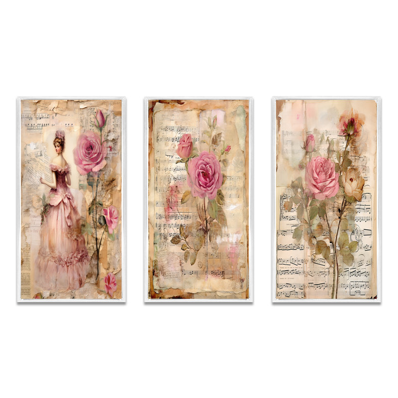 Victorian Lady Roses, ensemble de 3 reproductions d'art - Victorian Lady Pink Roses, Cadre flottant blanc, H 28 po x l 36 po