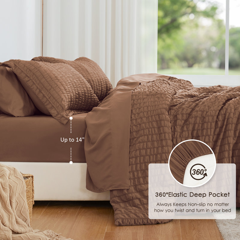 Love's cabin Seersucker Queen Comforter Set, Mocha Mousse, Queen-7 Pieces
