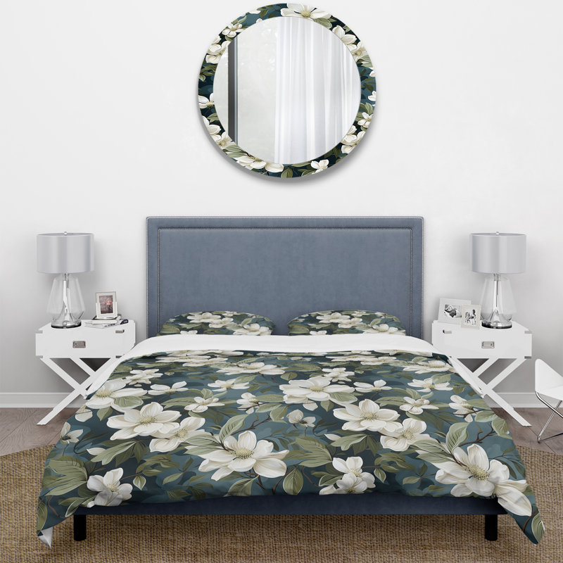 Ensemble de housse de couette à fleurs grises et blanches, Housse de couette pour grand lit et 2 taies décor