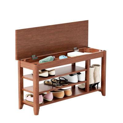 Solid Wood Hallway Shoe Rack, Hidden Compartment, 550 - Pound Load, Walnut Finish, 21.13 Inches High, Quick Setup Entryway Bench, Space Saving, Support, Storage, Color, 38.8 Deep, Hassle