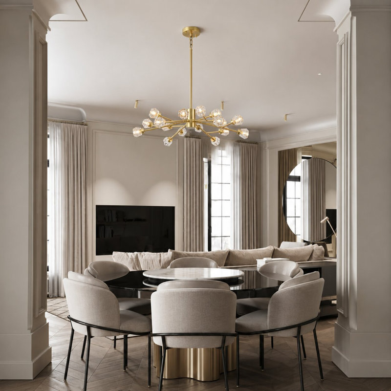 16-Light Shiny Gold Metal Chandelier With Clear Crystal Shades, Gold