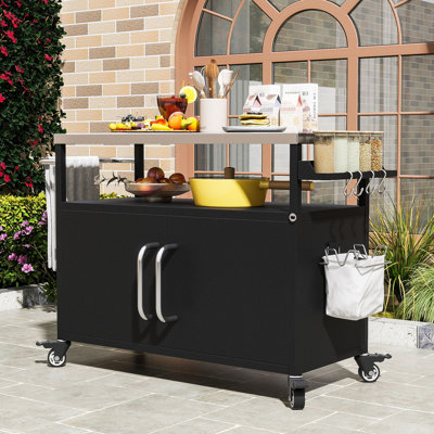 Chariot de cuisine pour l'extérieur avec tablette réglable, plateau en acier inoxydable, rangement spacieux et roulettes verrouillables