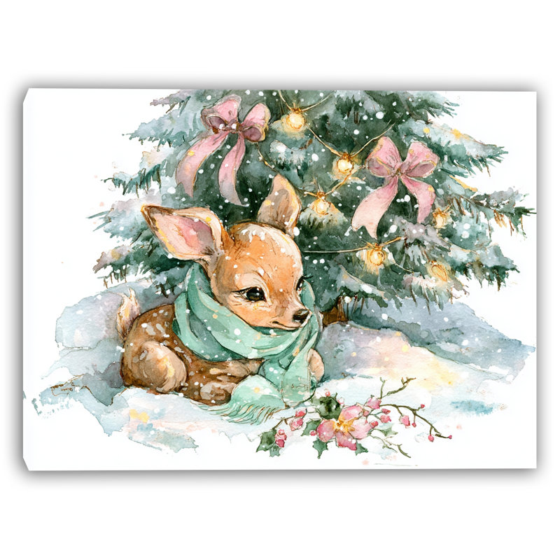 Art mural sur toile Fawn Nestled in Snowlight
