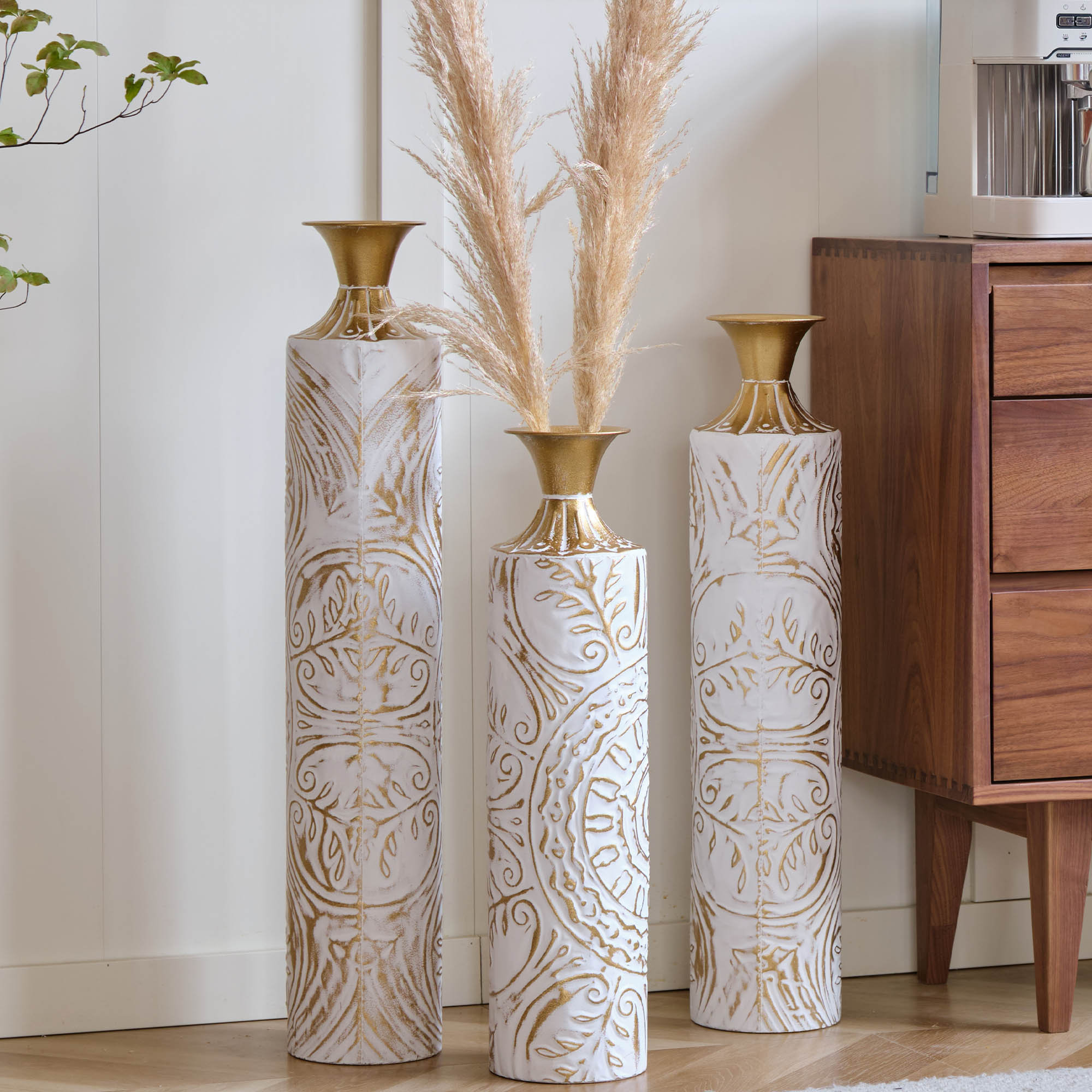 Bungalow Rose Handmade Ornate Metal Floor Vase, Gold Relief Medallion, Large Tall Flower Vase(Set Of 3) & Reviews