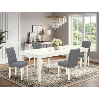 5 Piece Dinner Table Set Includes A Wood Table and 4 Platinum Gray Polyester Fabric Kitchen Chairs with Stylish Back- Linen White Finish