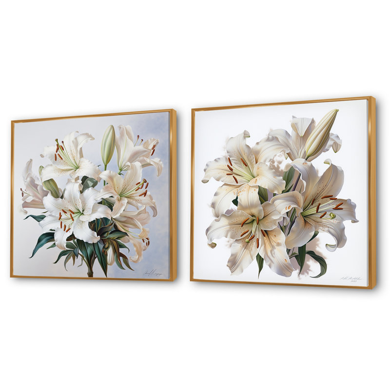 Ensemble de 2 fleurs de lis Lily Blossom Ballet, Cadre flottant doré, H 36 po x l 73 po