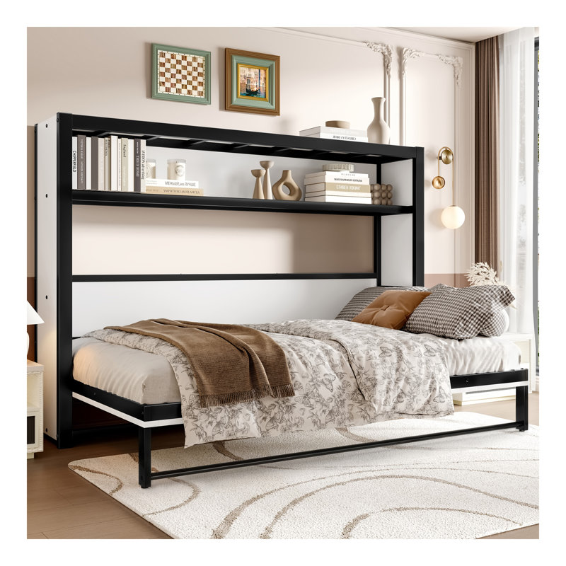 Lit escamotable simple avec tablettes, lit mural en métal au design pliable et peu encombrant, blanc, Blanc cassé