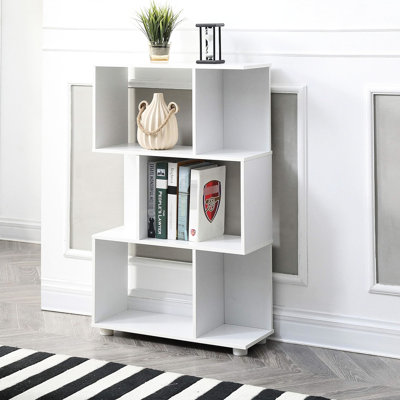 3 - Shelf Modern Staggered White Bookcase For Electronics, Books And Decor Storage, American Design Wood Bookcase, 22.3 Lb Package Weight, 39.44 In Height, 9.19 Width Books, Electronics Organization,