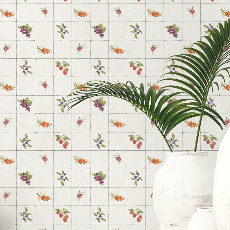Just Kitchens Fruit Tile Design 33' L x 21" W Wallpaper Roll, Cream/Purple/Orange