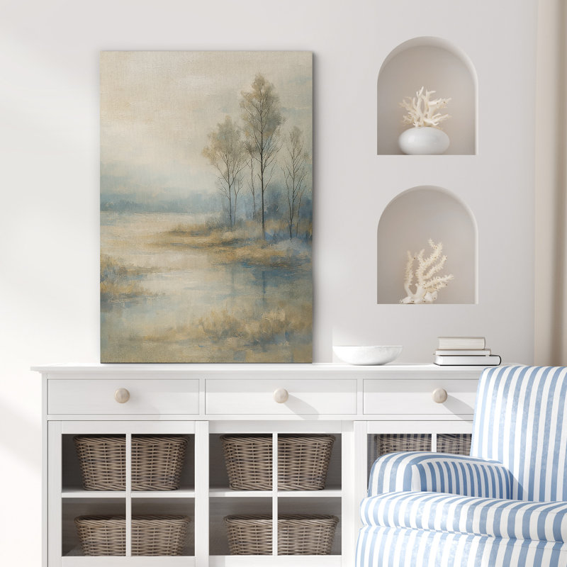 «Calm Lakeside Landscape with Bare Trees», reproduction d'art sur toile encadrée, H 48 po x l 32 po x P 1,5 po, Toile tendue