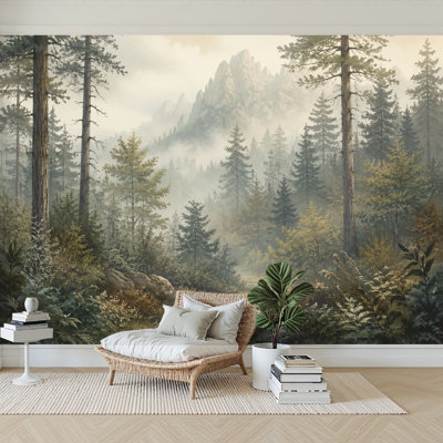 Wall Mural Peel and Stick Wallpaper Serene Misty Forest Landscape Tall Trees Soft Mountain Backdrop Self-Adhesive Removable Contact Paper Wall Decor for Living Room Bedroom 100"H x 144"W