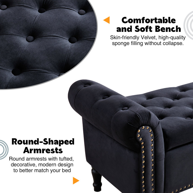 67" Storage Bench for Bedroom End of Bed King Size with Tufted Seat and Nailhead Trims Roll Arms, Velvet Black, 67''W