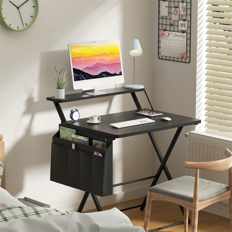 Folding Table With Monitor Stand, Small Computer Table With Storage Pocket And Hooks, Black