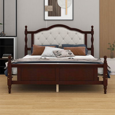 Lit en bois de pin grand format - tête de lit, pied de lit et pieds de support rembourrés (2 traverses de lit + plateforme centrale)
