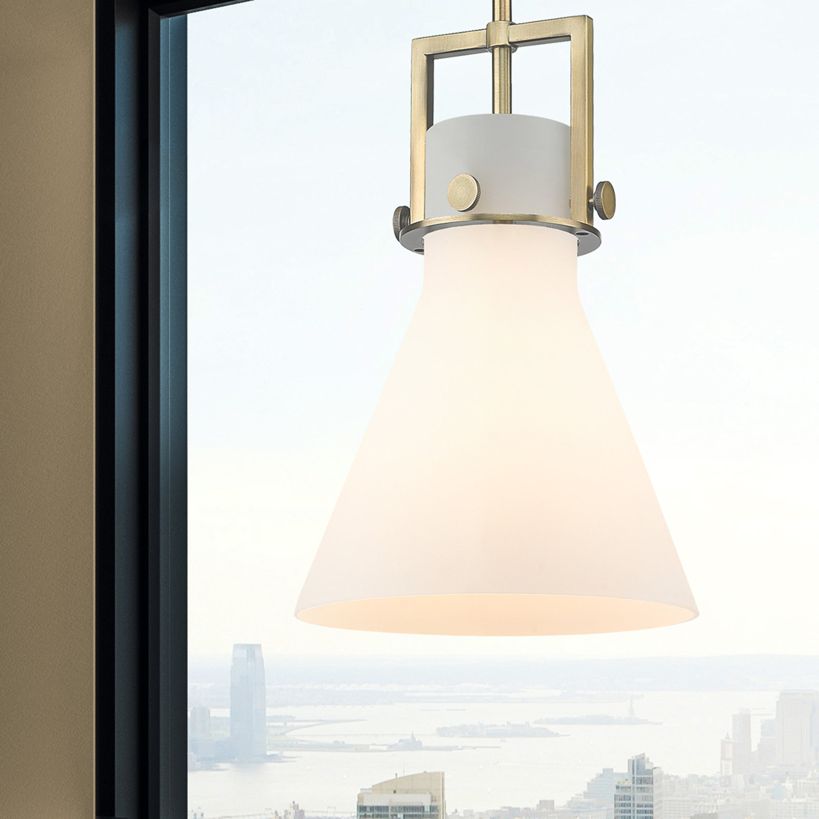 Coterie Single Light Glass Dimmable Pendant, Brushed Brass, Matte White, 13.63" H x 10" W x 10" D