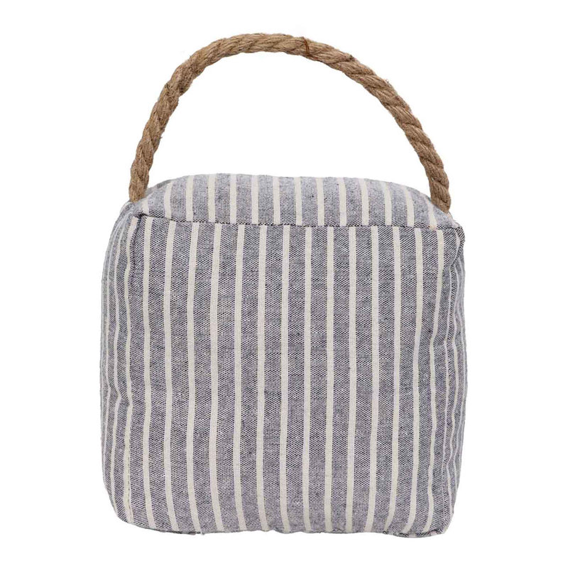 Blue Striped Fabric Door Stop, Sand Filled Weighted Doorstop with Braided Jute Rope Handle, Woven Polyester Bag Doorstopper for Bathroom Bedroom Entryway