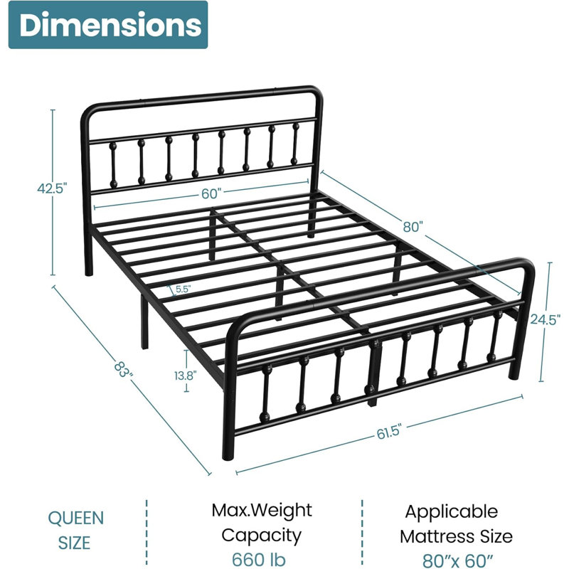 Classic Queen Size Metal Platform Bed Frame Mattress Foundation, Heavy Duty, Under Bed Storage, No Box Spring Required, Queen
