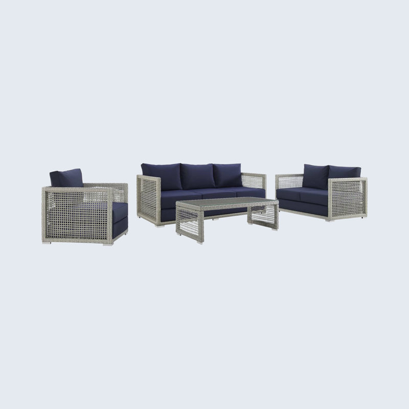 Ensemble de rotin d'extérieur en osier 4 pièces Aura, Bleu marine