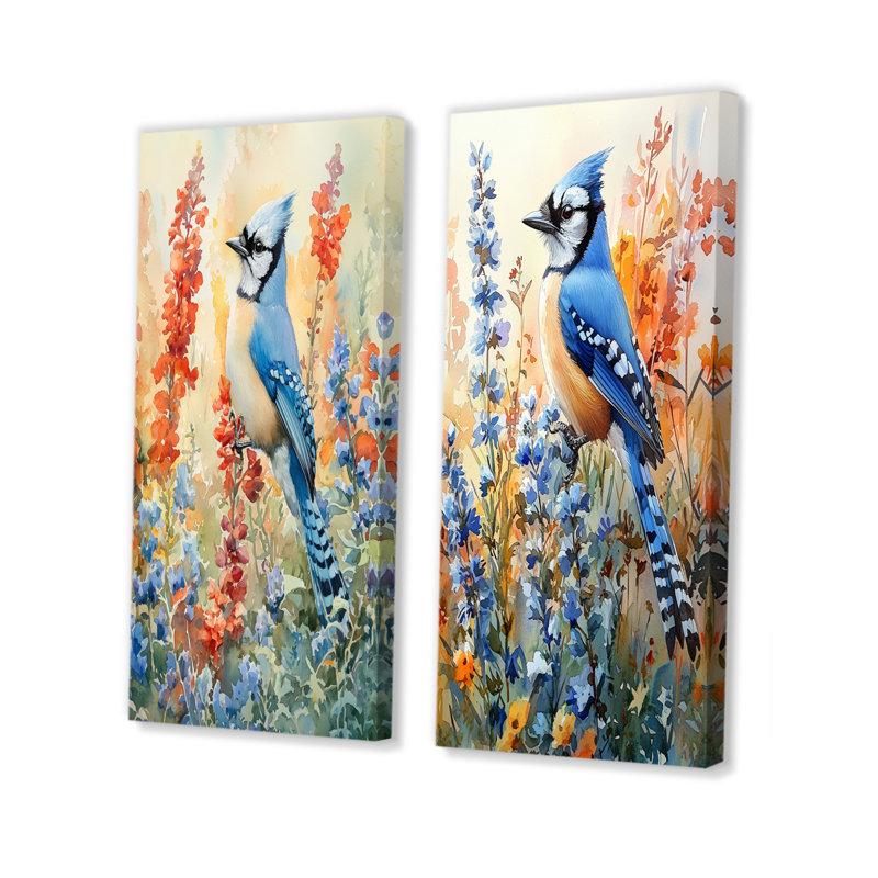 Geai bleu dans le jardin d'été I - Collection d'art mural 2 panneaux animaux, H 28 po x l 25 po, Toile tendue
