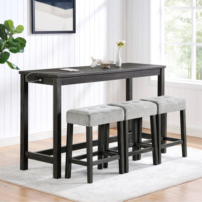 Bar Table Set with Power Outlet, Ideal for Living, Dining and Game Rooms, 1 Table with 3 Chairs for Dining Room