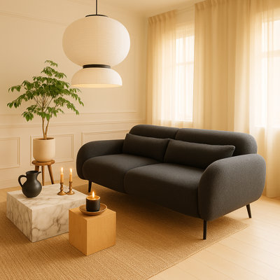 76.7" Modern Upholstered Rounded-Arm Boucle Sofa With Bolster Cushions ( Charcoal Grey)