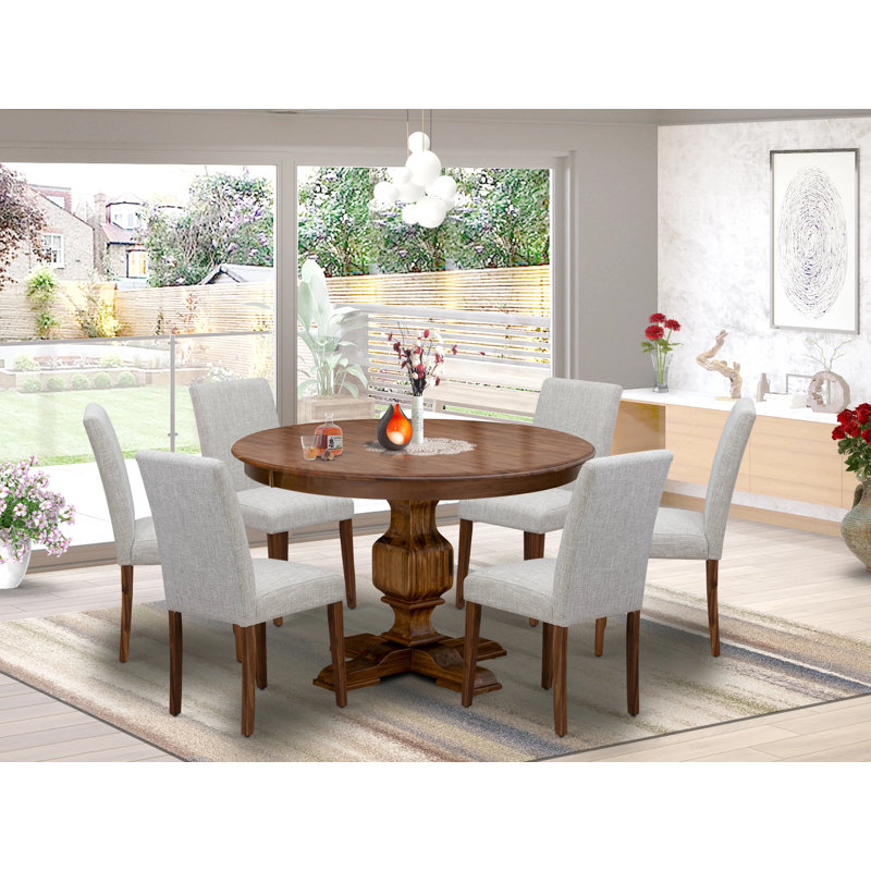 7 Piece Dining Room Furniture Set Consist of a Round Dining Table with Pedestal and 6 Doeskin Linen Fabric Upholstered Chairs, Antique Walnut