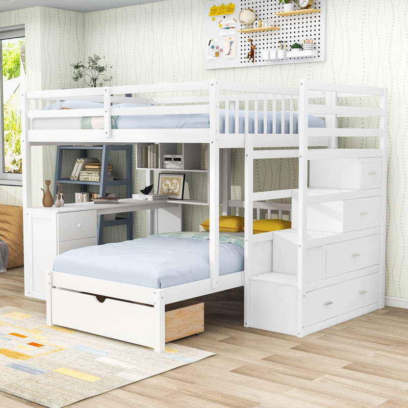 Full-Over-Twin Bunk Bed with Storage Drawers and Study Desk, White